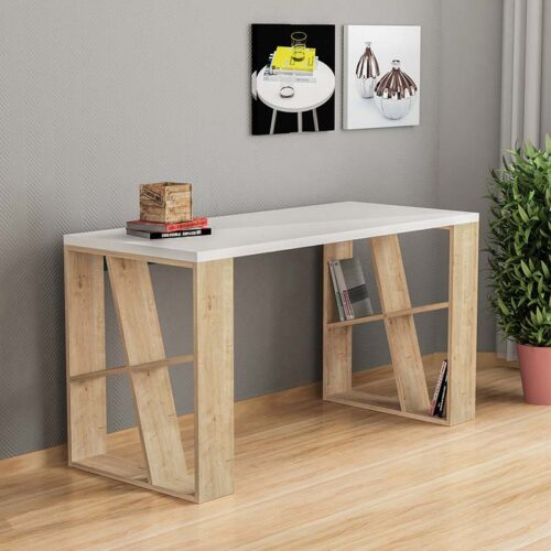 Γραφείο εργασίας Honey Megapap από μελαμίνη χρώμα λευκό - φυσικό οξιάς 137x60x75εκ - GP037-0019,2