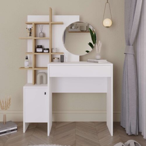 Τουαλέτα με καθρέπτη Mup Megapap από μελαμίνη χρώμα λευκό - φυσικό οξιάς 105x35x151εκ. - GP037-0133,1