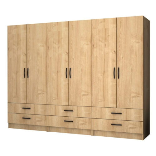 Ντουλάπα ρούχων Ricardo Megapap εξάφυλλη με συρτάρια χρώμα φυσικό οξιάς 240x51,8x181εκ. - GP100-0066,2