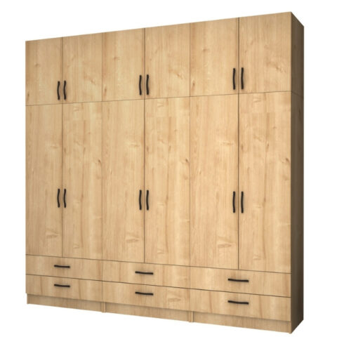 Ντουλάπα ρούχων Ricardo Megapap εξάφυλλη με πατάρι και συρτάρια χρώμα φυσικό οξιάς 240x51,8x240εκ. - GP100-0067,2