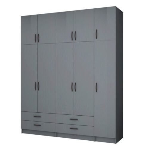 Ντουλάπα ρούχων Ricardo Megapap πεντάφυλλη με πατάρι και συρτάρια χρώμα ανθρακί 200x51,8x240εκ. - GP100-0071,4