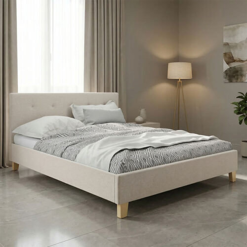 Κρεβάτι Mago pakoworld ύφασμα σε εκρού απόχρωση με φυσικό ξύλινο πόδι 140x200εκ 006-000053