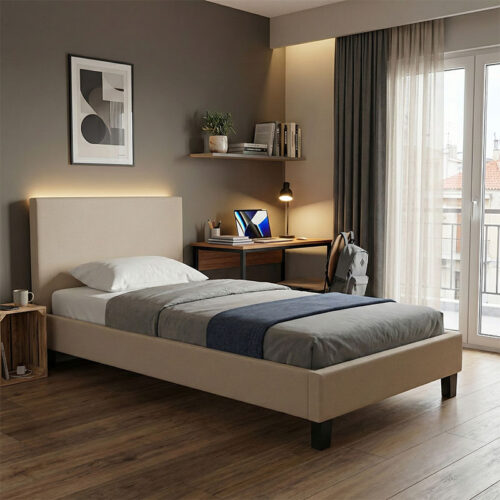 Κρεβάτι Nevil pakoworld ύφασμα εκρού με ξύλινο μαύρο πόδι 90x190εκ 006-000065