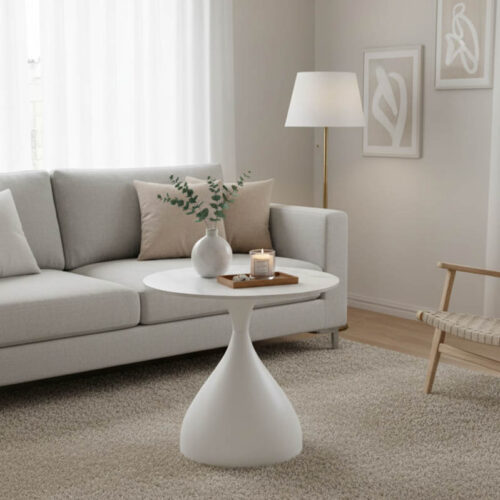 Βοηθητικό τραπέζι Kirkene Inart sintered stone σε απόχρωση λευκό μαρμάρου με λευκό μέταλλο Φ50x50εκ 029-000277