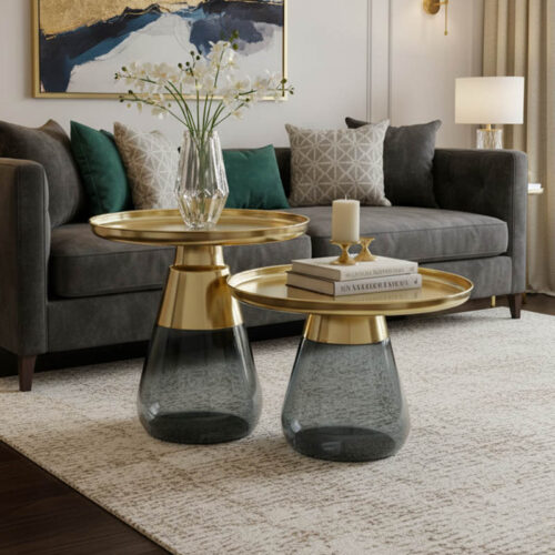 Τραπέζια σαλονιού Kunlo Inart σετ 2τεμ χρυσό χρώμιο-μαύρο γυαλί 101-000124