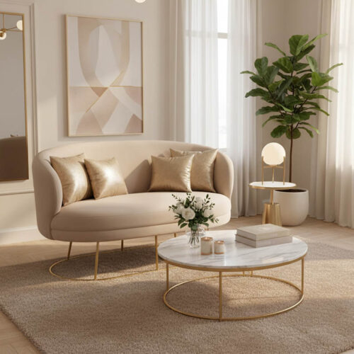 Καναπές διθέσιος Rony pakoworld βελούδο μπεζ-πόδι χρυσό μέταλλο 135x75x85εκ 110-000056