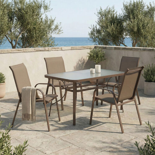 Τραπεζαρία Ensure-Calan pakoworld σετ 5τεμ μέταλλο-γυαλί καφέ 140x80x70εκ 130-000054