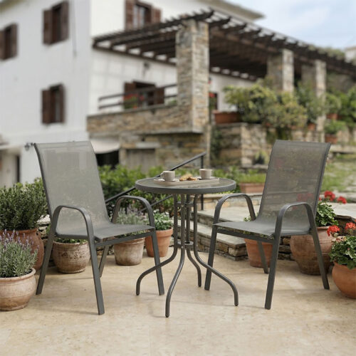 Tραπεζαρία Calan-Watson pakoworld σετ 3τεμ μέταλλο γκρι και γυαλί tempered Φ60x70εκ 130-000082