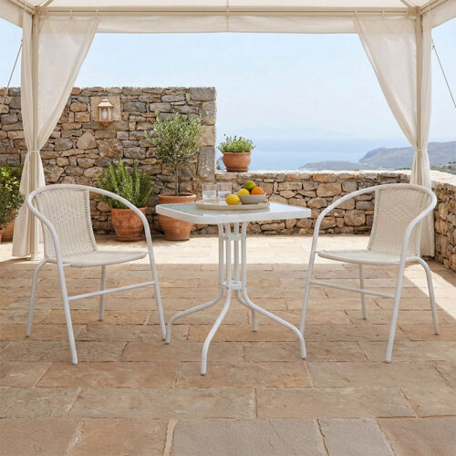 Τραπεζαρία Watson-Obbi pakoworld σετ 3τεμ μέταλλο λευκό- γυαλί 70x70x70εκ 130-000125