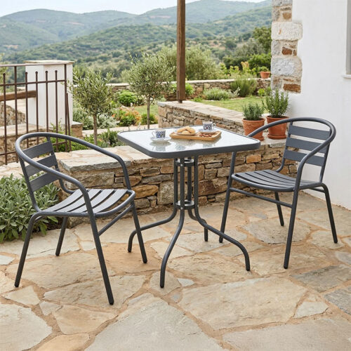 Τραπεζαρία Watson-Tade pakoworld 3τεμ μέταλλο ανθρακί-γυαλί 70x70x70εκ 130-000134