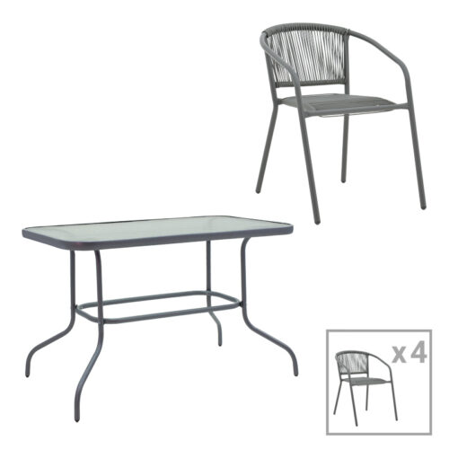 Τραπεζαρία Valor-Lindaria pakoworld σετ 5τεμ μέταλλο ανθρακί-γυαλί-pe rattan 110x60x70εκ 130-000155