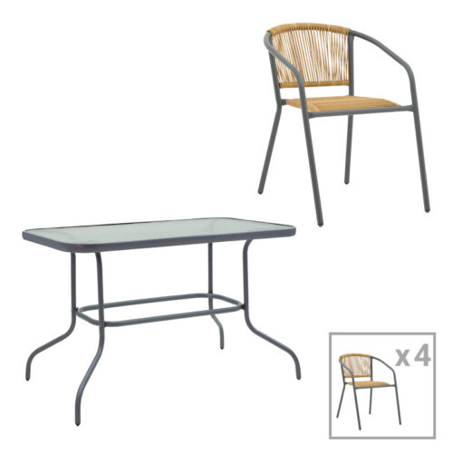 Τραπεζαρία Valor-Lindaria pakoworld σετ 5τεμ μέταλλο ανθρακί-γυαλί-pe rattan σε φυσική απόχρωση 110x60x70εκ 130-000156
