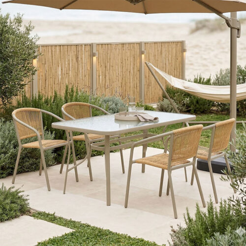 Τραπεζαρία Lindaria-Ensure pakoworld 5τεμ μέταλλο-γυαλί σε σαμπανιζέ απόχρωση 140x80x70εκ 130-000158