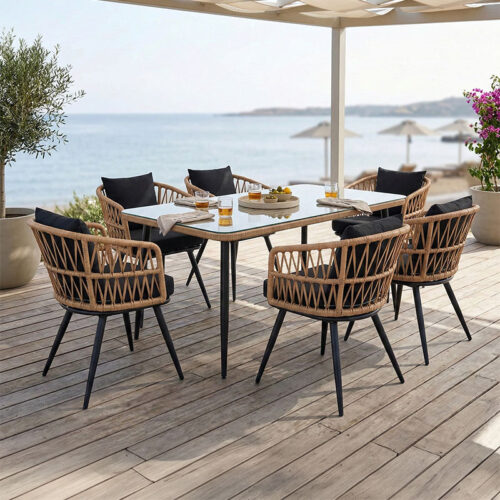 Τραπεζαρία Naoki σετ 7 τεμ pakoworld μέταλλο μαύρο-pe φυσικό-γυαλί 160x90x78εκ 140-000063