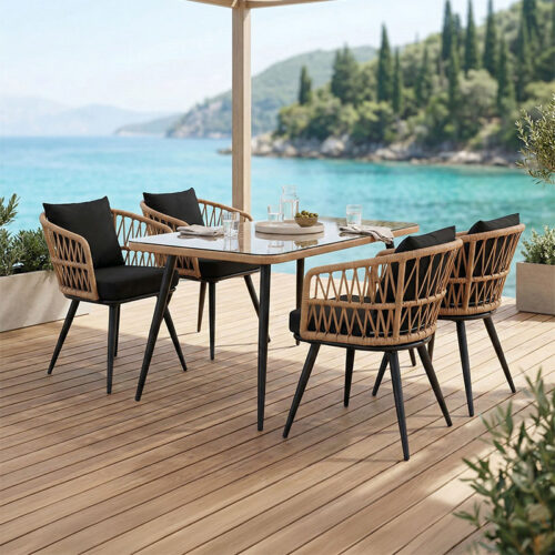 Τραπεζαρία Naoki σετ 5 τεμ pakoworld γυάλινο- pe rattan σε φυσική απόχρωση με μαυρα πόδια 140x80x78εκ 140-000064