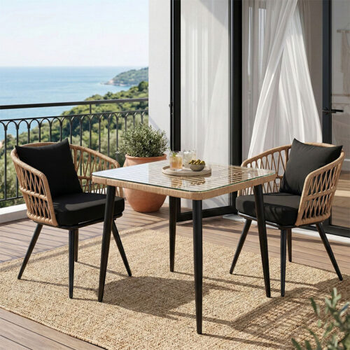 Τραπεζαρία Naoki σετ 3 τεμ pakoworld μέταλλο μαύρο-pe φυσικό-γυαλί 80x80x78εκ 140-000065