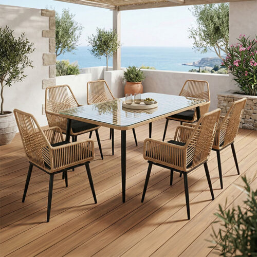 Τραπεζαρία Naoki-Tanish σετ 7τεμ pakoworld μέταλλο μαύρο-pe φυσικό-γυαλί 160x90x78εκ 140-000066