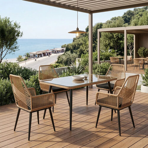 Τραπεζαρία Naoki-Tanish σετ 5 τεμ pakoworld γυάλινο- pe rattan σε φυσική απόχρωση με μαυρα πόδια 140x80x78εκ 140-000067