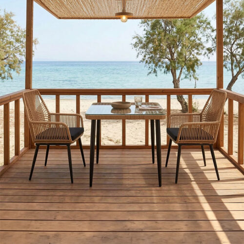 Τραπεζαρία Naoki-Tanish σετ 3 τεμ pakoworld μέταλλο μαύρο-pe φυσικό-γυαλί 80x80x78εκ 140-000068