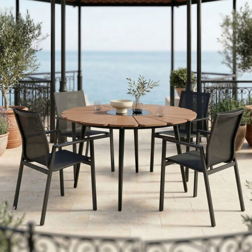 Τραπεζαρία Pinap-Dashiell σετ 5τεμ pakoworld μαύρο αλουμίνιο και plywood σε φυσική απόχρωση Φ110x74εκ 152-000100