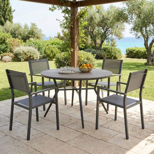 Τραπεζαρία Appa-Moly σετ 5τεμ pakoworld αλουμίνιο και plywood σε ανθρακί απόχρωση Φ120x74εκ 152-000102