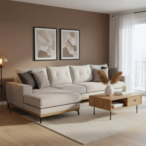 Γωνιακός καναπές δεξιά γωνία Luxury II pakoworld ύφασμα cream-mocha 290x235x95εκ 168-000016