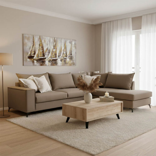 Γωνιακός καναπές αριστερή γωνία Romantic pakoworld ύφασμα mocha-cream 290x235x95εκ 168-000027