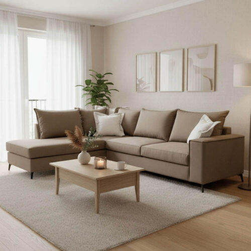 Γωνιακός καναπές δεξιά γωνία Romantic pakoworld ύφασμα mocha-cream 290x235x95εκ 168-000028