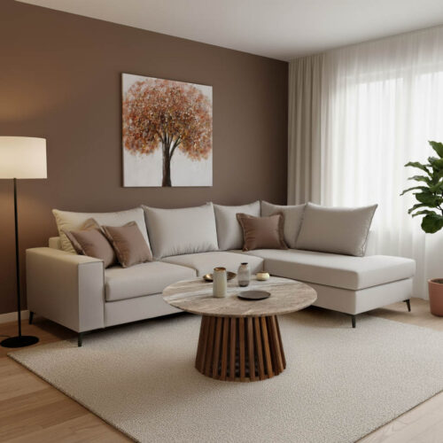 Γωνιακός καναπές αριστερή γωνία Romantic pakoworld ύφασμα cream-mocha 290x235x95εκ 168-000029