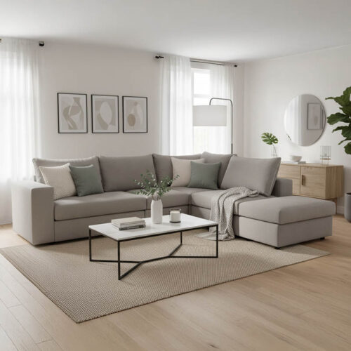 Πολυμορφικός-αναστρέψιμος καναπές London pakoworld γκρι ύφασμα με μαξιλάρια σε απόχρωση ανοιχτό γκρι 296x246x95εκ 168-000062