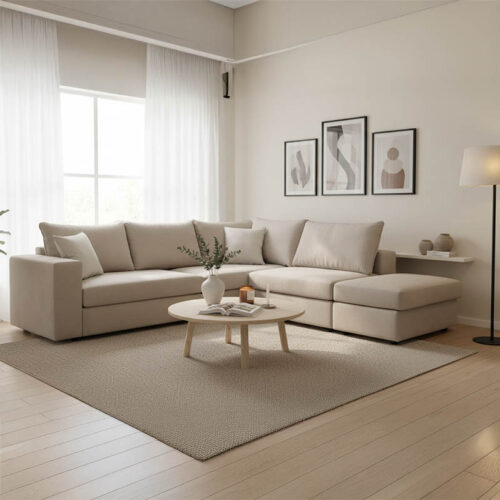 Πολυμορφικός-αναστρέψιμος καναπές London pakoworld γκρι-μπεζ ύφασμα με μαξιλάρια σε απόχρωση ανοιχτό γκρι 296x246x95εκ 168-000064