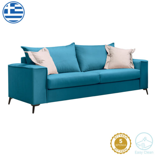 Καναπές Verona pakoworld 3θέσιος πετρόλ ύφασμα με μαξιλάρια σε μπεζ απόχρωση 225x93x100εκ 168-000086