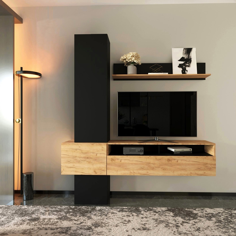Σύνθετο σαλονιού Wendy pakoworld σε oak-μαύρη απόχρωση 195.1x37.3x219.1εκ 192-000046