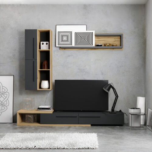 Σύνθετο σαλονιού Calvados pakoworld σε oak-ανθρακί απόχρωση 192-000048