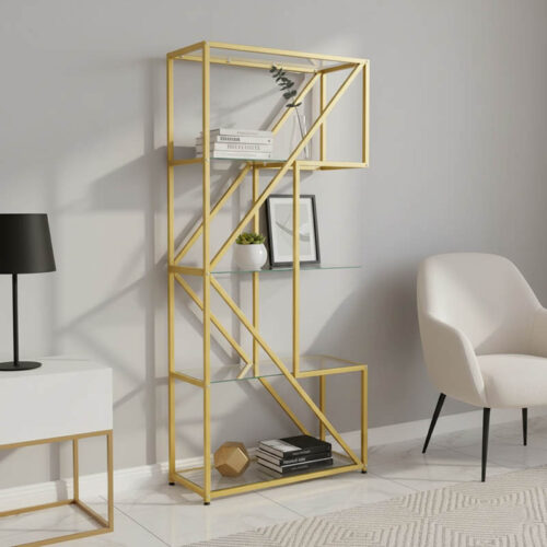 Ραφιέρα Aylan pakoworld γυαλί - μέταλλο σε χρυσή απόχρωση 100x30x177εκ 197-000306