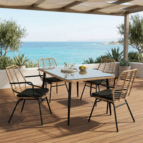 Τραπεζαρία Naoki A pakoworld σετ 5 τμχ rattan φυσικό-μαύρο μέταλλο-γυαλί 160x90x78εκ 200-000753