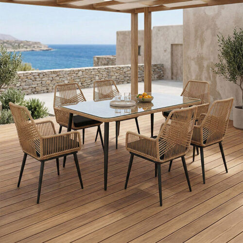 Τραπεζαρία Naoki-Tanish pakoworld σετ 7 τμχ rattan φυσικό-μαύρο μέταλλο-γυαλί 160x90x78εκ 200-000756