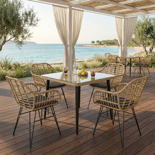 Τραπεζαρία Naoki V σετ 5τεμ pakoworld rattan pe σε φυσική απόχρωση και μαύρο μέταλλο 80x80x78εκ 200-000959