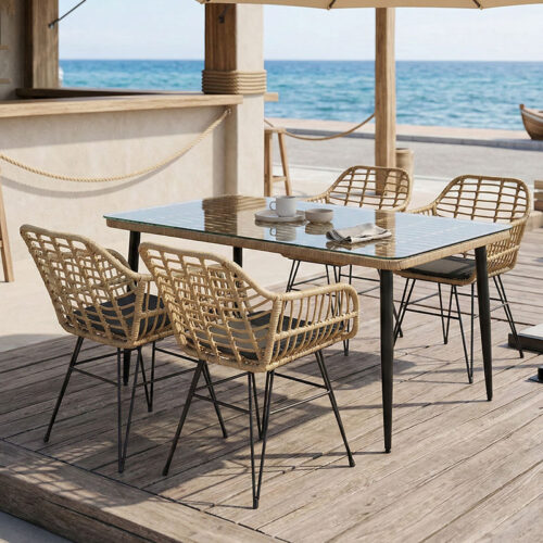 Τραπεζαρία Naoki Χ σετ 5τεμ pakoworld rattan pe σε φυσική απόχρωση και μαύρο μέταλλο 160x90x78εκ 200-000960