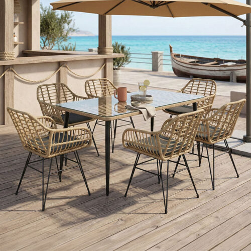 Τραπεζαρία Naoki Χ σετ 7τεμ pakoworld rattan pe σε φυσική απόχρωση και μαύρο μέταλλο 160x90x78εκ 200-000961