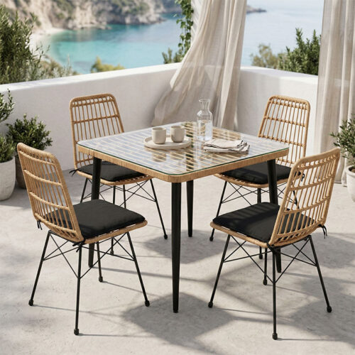 Τραπεζαρία Naoki U σετ 5τεμ pakoworld rattan pe σε φυσική απόχρωση και μαύρο μέταλλο 80x80x78εκ 200-000963