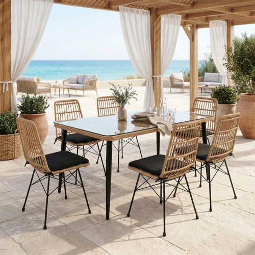 Τραπεζαρία Naoki U σετ 7τεμ pakoworld rattan pe σε φυσική απόχρωση και μαύρο μέταλλο 160x90x78εκ 200-000965