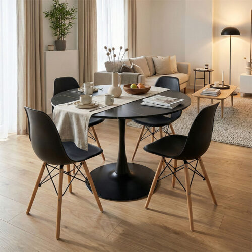 Τραπεζαρία Julita-Balou σετ 5τεμ pakoworld MDF-PP σε μαύρο-φυσικό απόχρωση Φ120x73εκ 200-001028