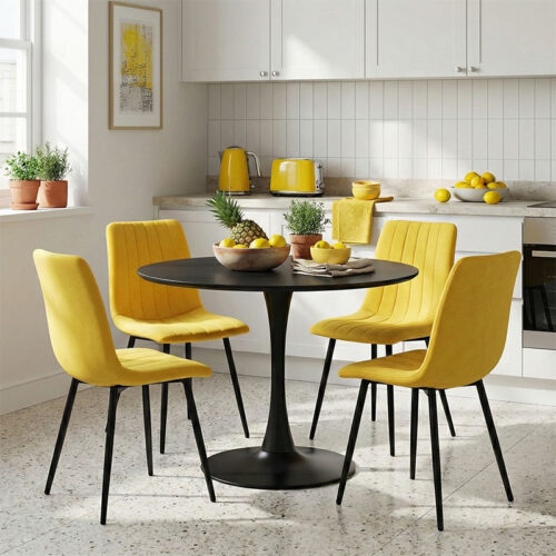 Τραπεζαρία Balou-Noor pakoworld σετ 5τεμ MDF μαύρο-κιτρινο Φ100x73εκ 200-001422