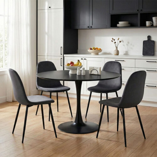 Τραπεζαρία Bella-Balou pakoworld σετ 5τεμ MDF μαύρο-βελούδο ανθρακί Φ120x73εκ 200-001433