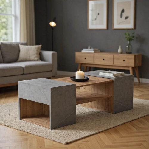 Τραπέζι σαλονιού Morfi pakoworld πολυμορφικό 3τεμ σε oak-μπεζ μαρμάρου απόχρωση 105x45x37εκ 230-000087