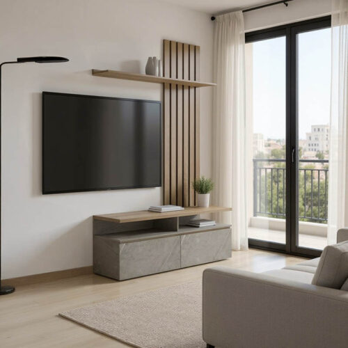 Σύνθετο σαλονιού Perlento pakoworld σε μπεζ μαρμάρου με sonoma απόχρωση 140x41x219.5εκ 230-000098