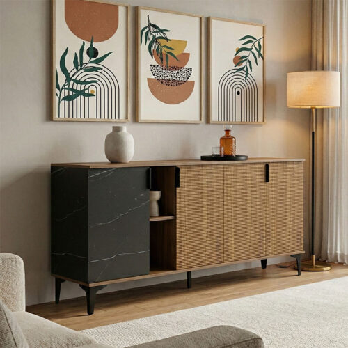 Μπουφές Riba pakoworld καρυδί-μαύρη όψη μαρμάρου 180x40x78εκ 230-000179