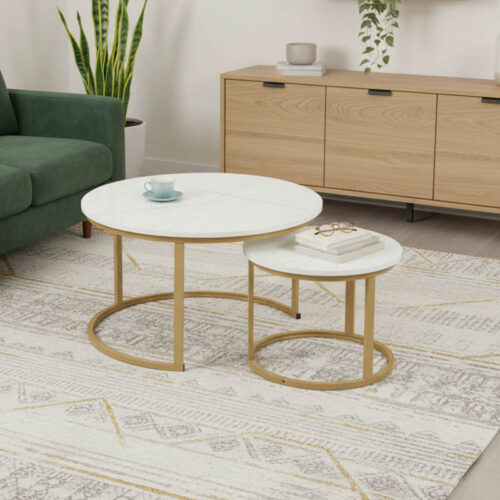 Τραπέζια σαλονιού Solme I pakoworld 2τεμ σε λευκή μαρμάρου απόχρωση με χρυσά μεταλλικά πόδια 271-000044