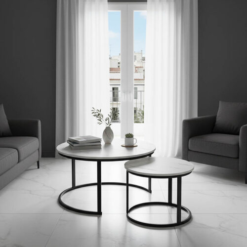 Τραπέζια σαλονιού Solme I pakoworld 2τεμ σε λευκή μαρμάρου απόχρωση με μαύρα μεταλλικά πόδια 271-000045